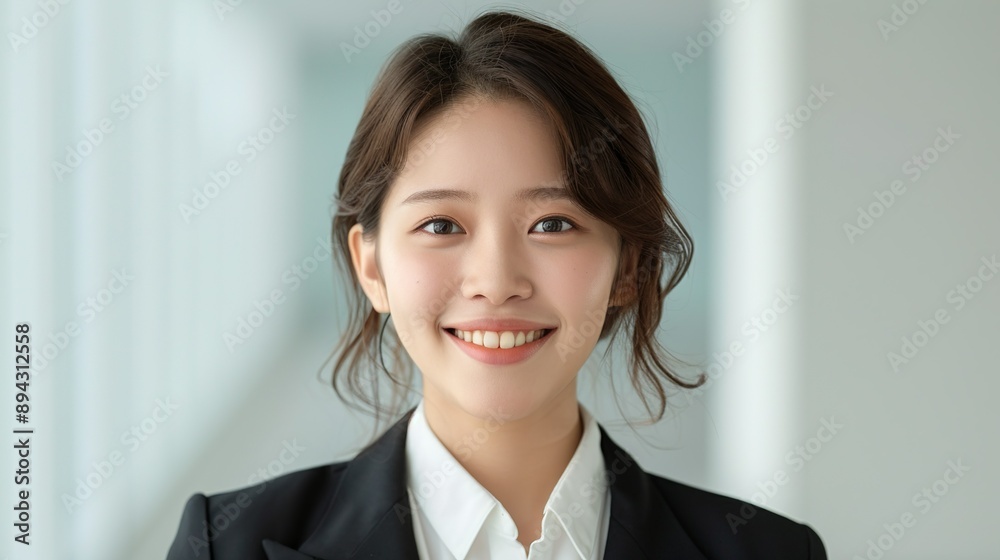 Realistic hyper-detailed portrait of a cheerful young Asian woman civil servant smiling, capturing her professionalism and joy in contributing to efficient and effective governance. Background images Realistic hyper-detailed portrait of a cheerful young Asian woman civil servant smiling, capturing her professionalism and joy in contributing to efficient and effective governance. Background images