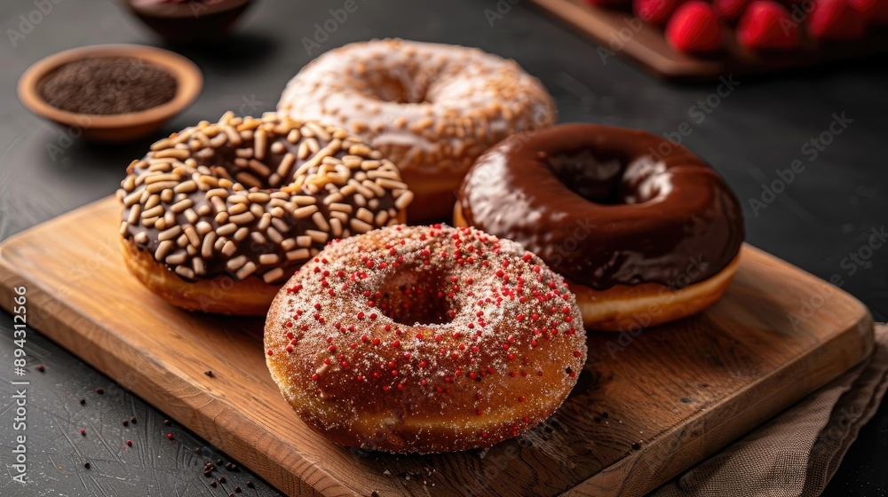 Assorted donuts on a wooden board with various toppings. Delicious treats perfect for dessert or breakfast. Assorted donuts on a wooden board with various toppings. Delicious treats perfect for dessert or breakfast.