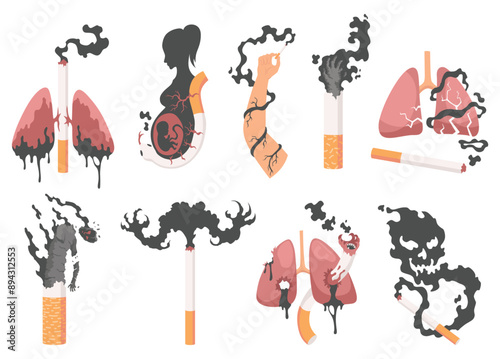 Smoking dangers icon set. Awareness about smoking and poison of cigarette. Resulting premature organ damage. Smoking effect on human lung. Smoking is harmful to human organs
