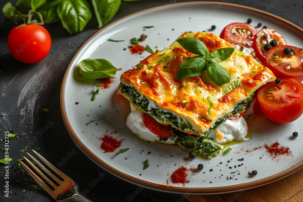 Delicious homemade spinach lasagna served with fresh tomatoes and basil on an elegant plate. Delicious homemade spinach lasagna served with fresh tomatoes and basil on an elegant plate.