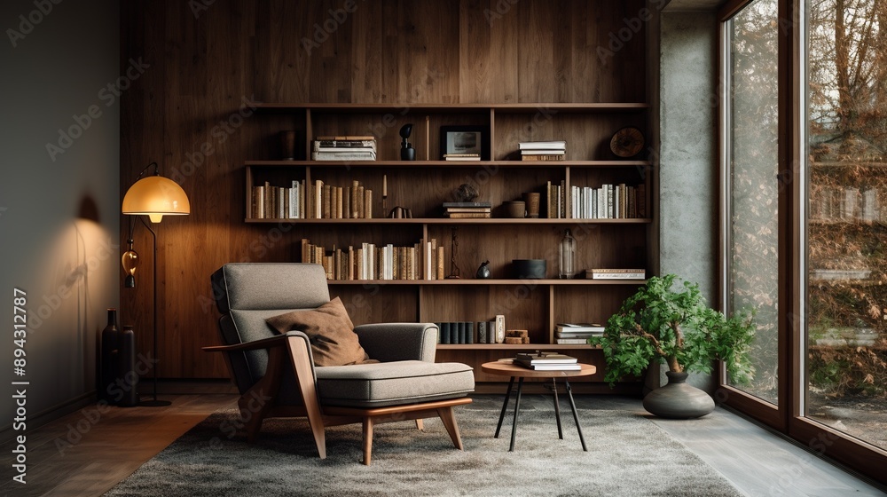Fototapeta premium Stylish interior of living room with design brown armchair, wooden bookcase, pendant lamp, carpet decor, picture frames and elegant personal accessories in modern retro home decor