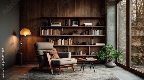 Stylish interior of living room with design brown armchair, wooden bookcase, pendant lamp, carpet decor, picture frames and elegant personal accessories in modern retro home decor