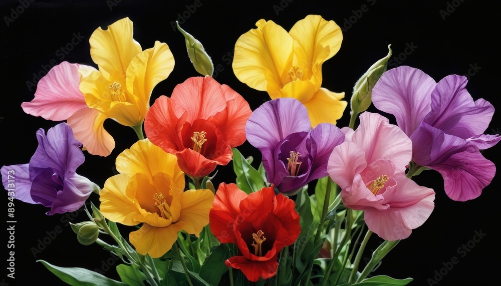 Obraz premium Colorful Flower Bouquet Against a Black Background.