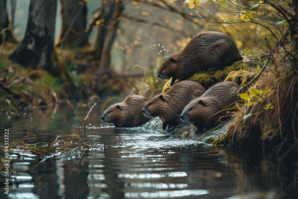 A family of European beavers building a dam in a tranquil forest stream. A family of European beavers building a dam in a tranquil forest stream.
