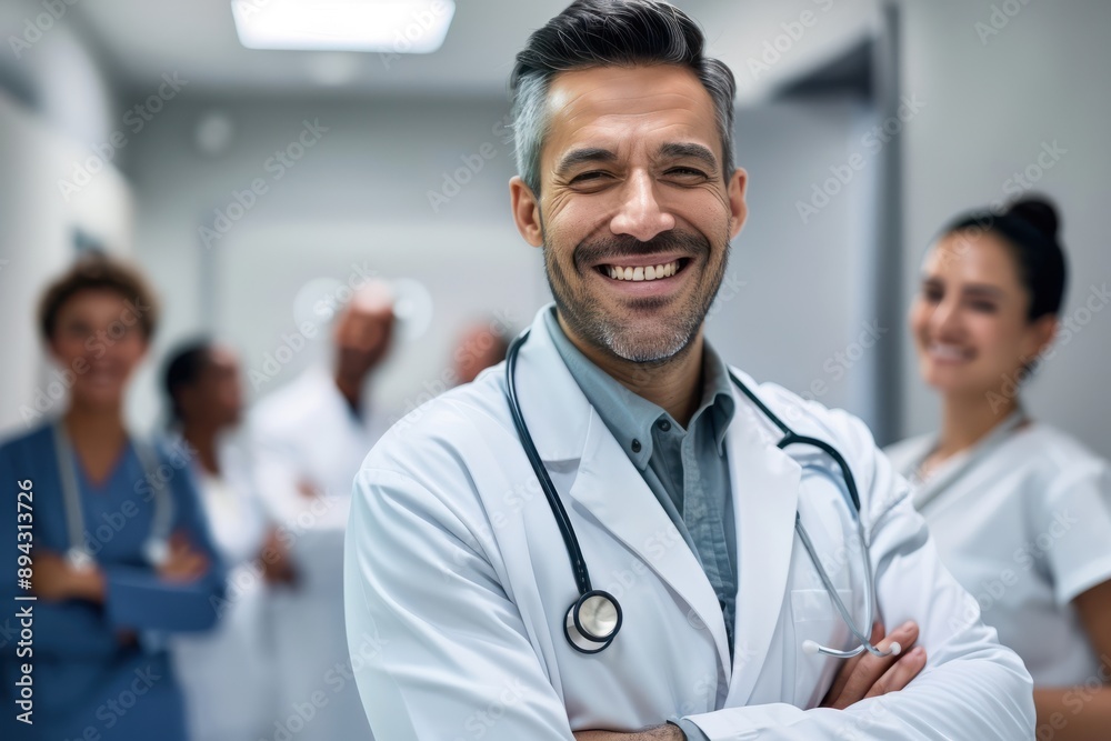 Smiling male doctor with colleagues in background at clinic Smiling male doctor with colleagues in background at clinic