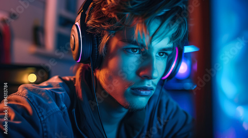 A man wears headphones in a futuristic living room. Advanced technology enhancing personal entertainment and creating an immersive audio experience in a modern, high-tech environment. Generative AI.