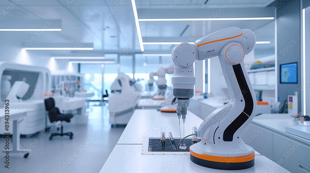 Fototapeta premium Modern laboratory with a robotic arm performing a task, advanced equipment, and organized workstations in a clean, high-tech environment.