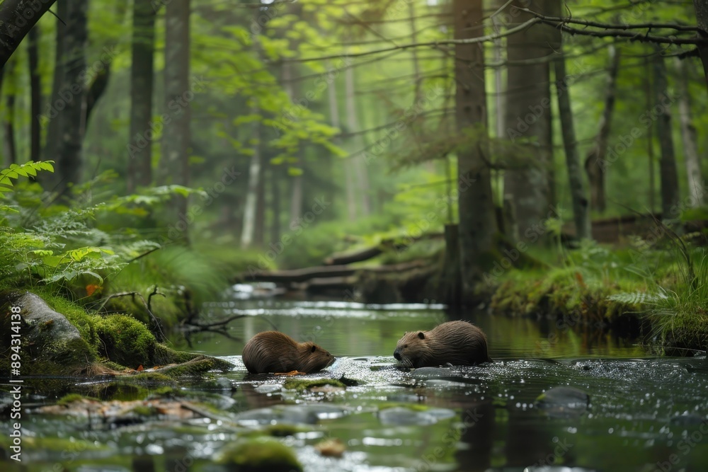 A family of European beavers building a dam in a tranquil forest stream. A family of European beavers building a dam in a tranquil forest stream.