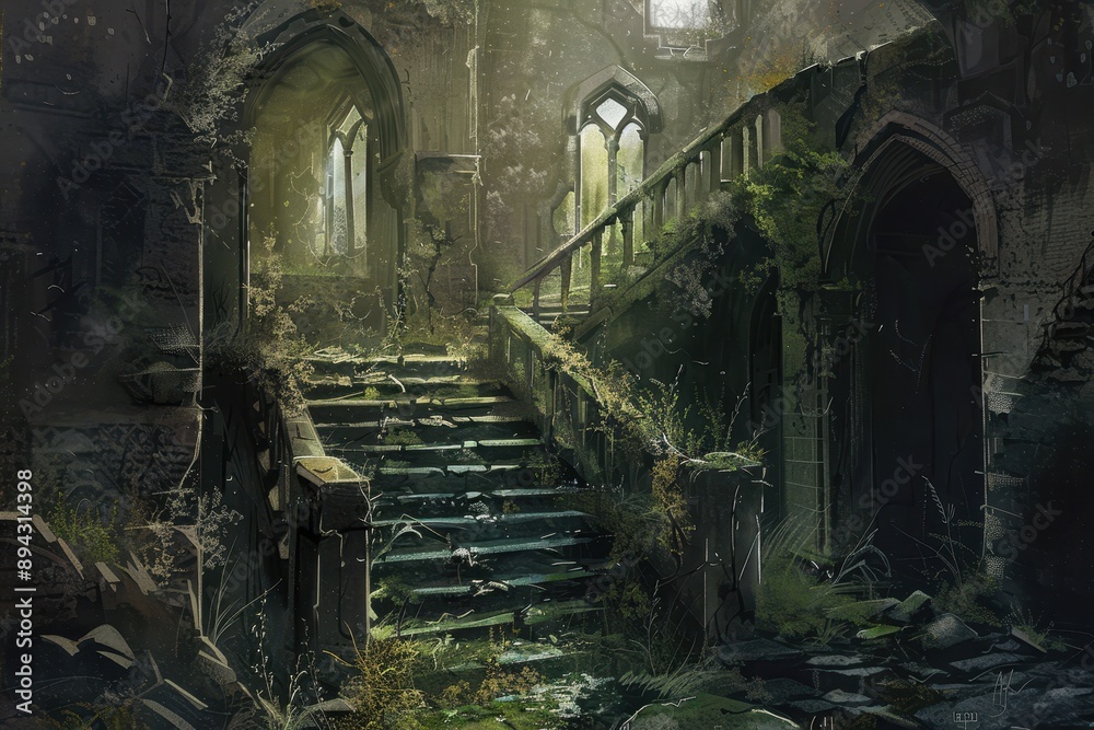 Stairway to a forgotten past overgrown with vines and moss Stairway to a forgotten past overgrown with vines and moss