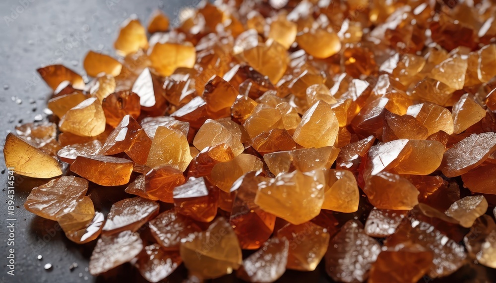 Close-up of orange crystals on a dark background. Close-up of orange crystals on a dark background.
