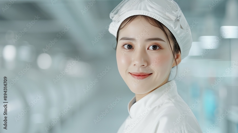Realistic hyper-detailed portrait of a cheerful young Asian woman factory worker smiling, capturing her professionalism and enthusiasm for precision and hard work. Background images that indicate Realistic hyper-detailed portrait of a cheerful young Asian woman factory worker smiling, capturing her professionalism and enthusiasm for precision and hard work. Background images that indicate