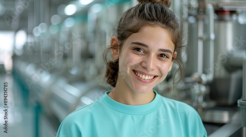 Realistic hyper-detailed portrait of a cheerful young South American woman factory worker smiling, showcasing her skill and dedication to maintaining high standards in manufacturing. Background