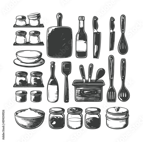 A set of kitchen utensils illustration, cookware and appliances ,generative ai