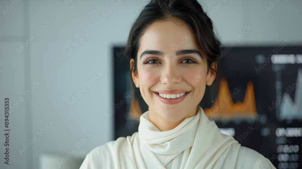 Realistic hyper-detailed portrait of a cheerful young Middle Eastern woman smiling, her face radiating happiness and pride as she successfully reaches her professional goals. Background images that Realistic hyper-detailed portrait of a cheerful young Middle Eastern woman smiling, her face radiating happiness and pride as she successfully reaches her professional goals. Background images that