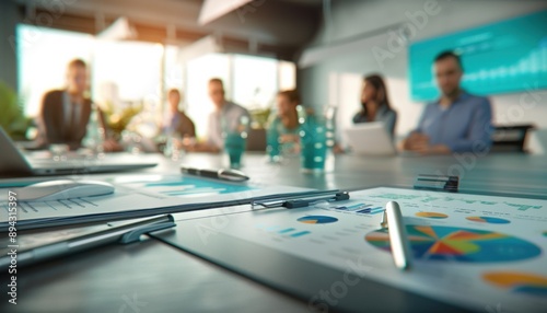 Business meeting with focus on financial documents and charts on a table. Professionals discussing strategy in a modern office setting. © HDP-STUDIO