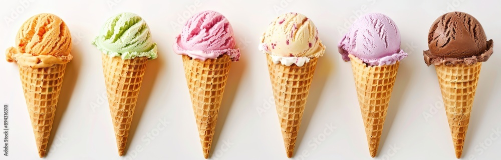 Six ice cream cones with different flavors. Six ice cream cones with different flavors.