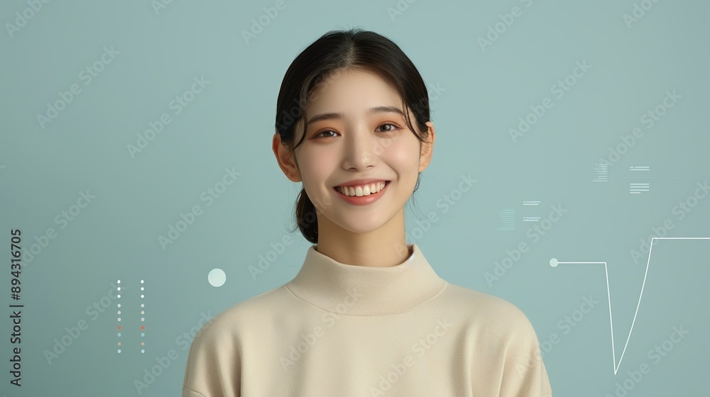 Realistic hyper-detailed portrait of a cheerful young Asian woman smiling, highlighting her joy and pride as she experiences the success of her hard work and perseverance. Background images that Realistic hyper-detailed portrait of a cheerful young Asian woman smiling, highlighting her joy and pride as she experiences the success of her hard work and perseverance. Background images that