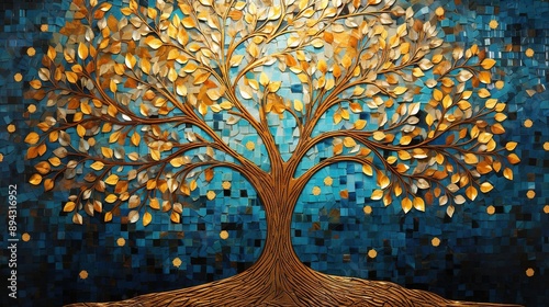 Colorful mosaic tree of life artwork . Small golden and turquoise mosaic tiles pattern forming a Tree of Life background