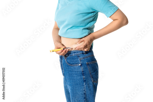 A woman injecting herself with obesity medication