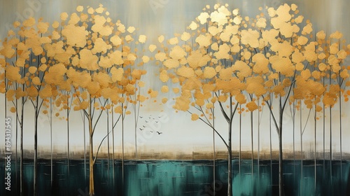 Golden trees on green and black sky background. Modern canvas art