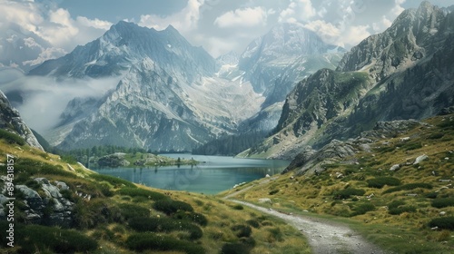 Beautiful mountain scenery with hiking trails and sparkling lakes in the distance