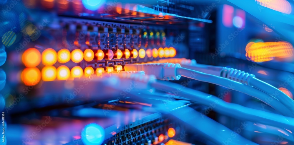 A data center server rack with illuminated network cables and lights in focus highlights the advanced technology and connectivity infrastructure within a data center. A data center server rack with illuminated network cables and lights in focus highlights the advanced technology and connectivity infrastructure within a data center.