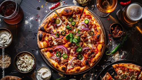 Appetizing pizza with meat and jalapeno pepper on a black table with a glass of beer