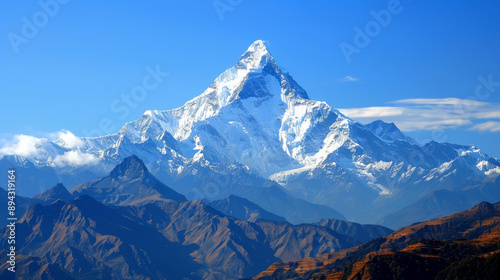 High up in the Nepalese Himalayas, a very tall mountain stands over 4000 meters high. It's covered in snow and is very quiet. It's a symbol of nature's power and stillness. photo