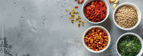 op view of a variety of superfoods including green peas, dried goji berries, apricots, and nuts in white bowls on a textured gray background. photo