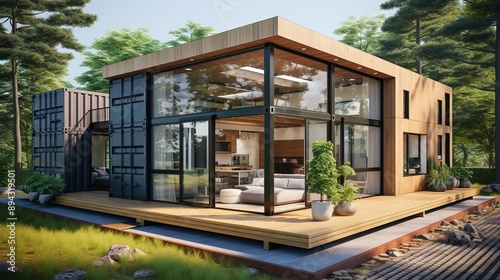 Modern shipping container house home in sunny day. Shipping container houses is sustainable, eco-friendly living accommodation