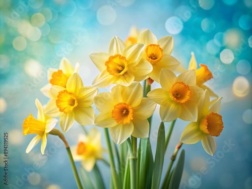 Soft focus minimal light blue spring background featuring a delicate arrangement of bright yellow daffodils, symbolizing hope and renewal in the new season.