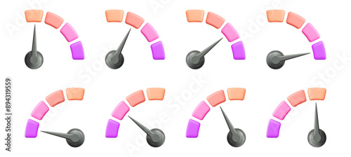 3d speedometer icon. Low, middle and high speed status. Scale score of speed, levels, meter, tachometer performance and rating. Stock vector illustration on isolated background.	