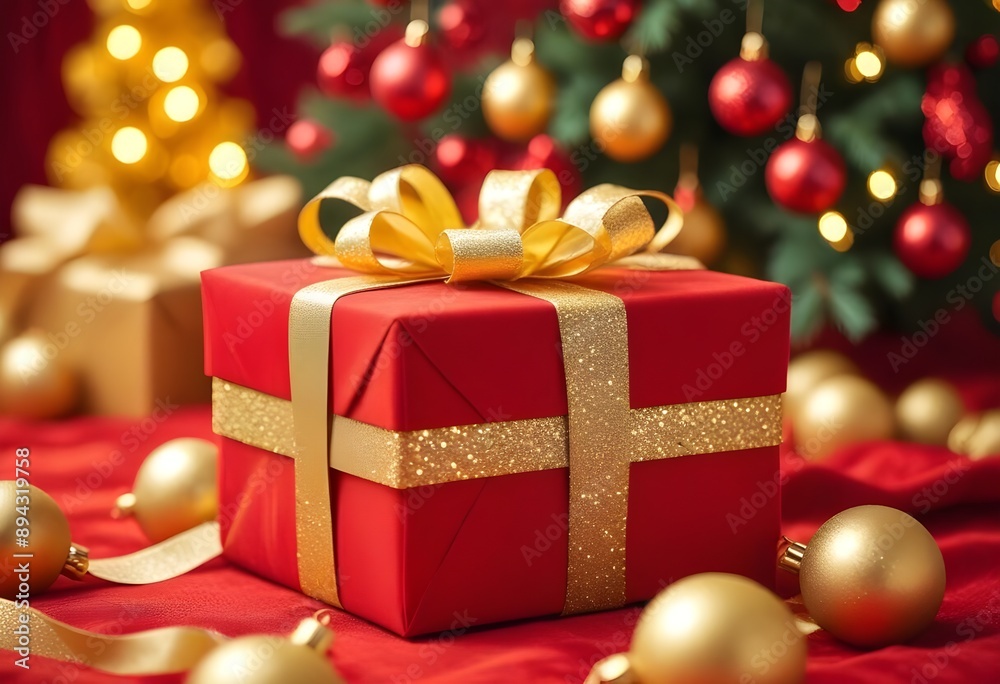 Red and yellow christmas gift with blurred holiday decorations in the background Red and yellow christmas gift with blurred holiday decorations in the background