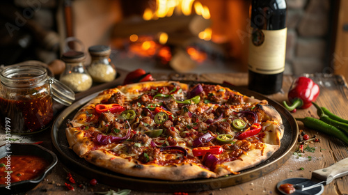 Fiery pizza seasoned with roasted red peppers and jalapeno peppers with meat photo