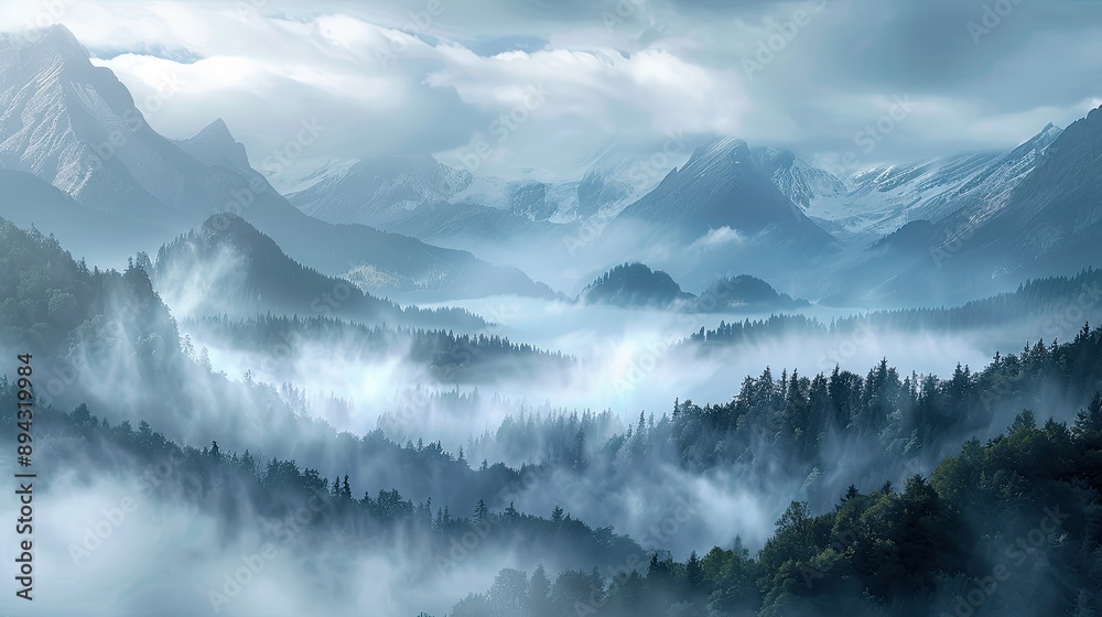 Mountains shrouded in morning fog, creating a mystical and serene atmosphere Mountains shrouded in morning fog, creating a mystical and serene atmosphere