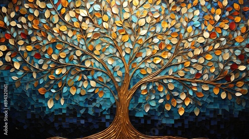Colorful mosaic tree of life artwork . Small golden and turquoise mosaic tiles pattern forming a Tree of Life background