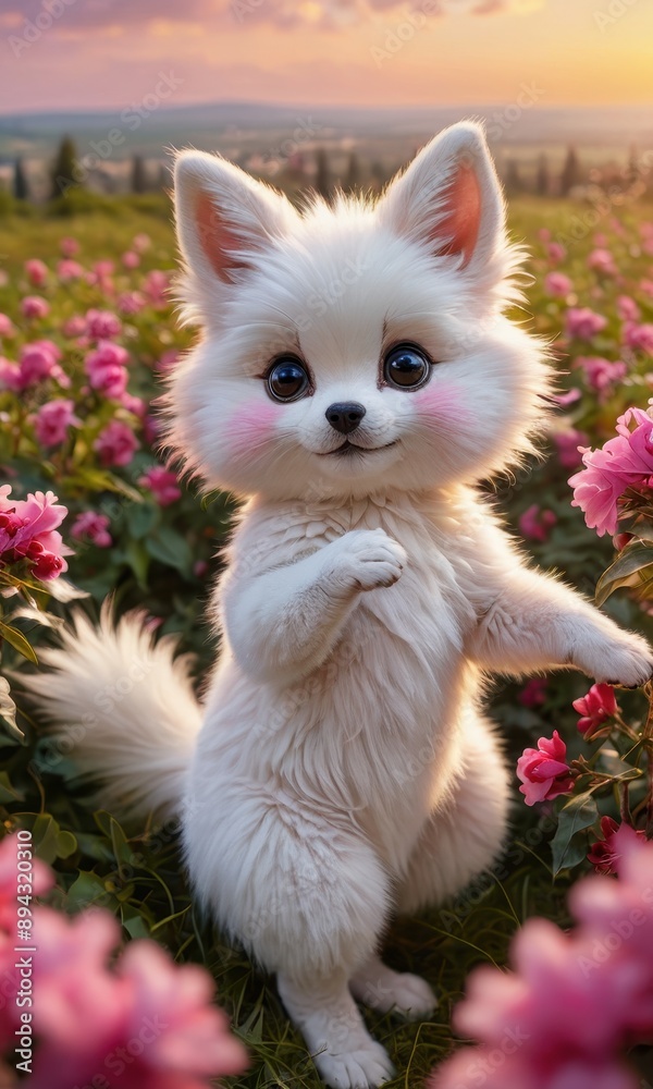 Fototapeta premium Cute White Puppy in Pink Flowers.