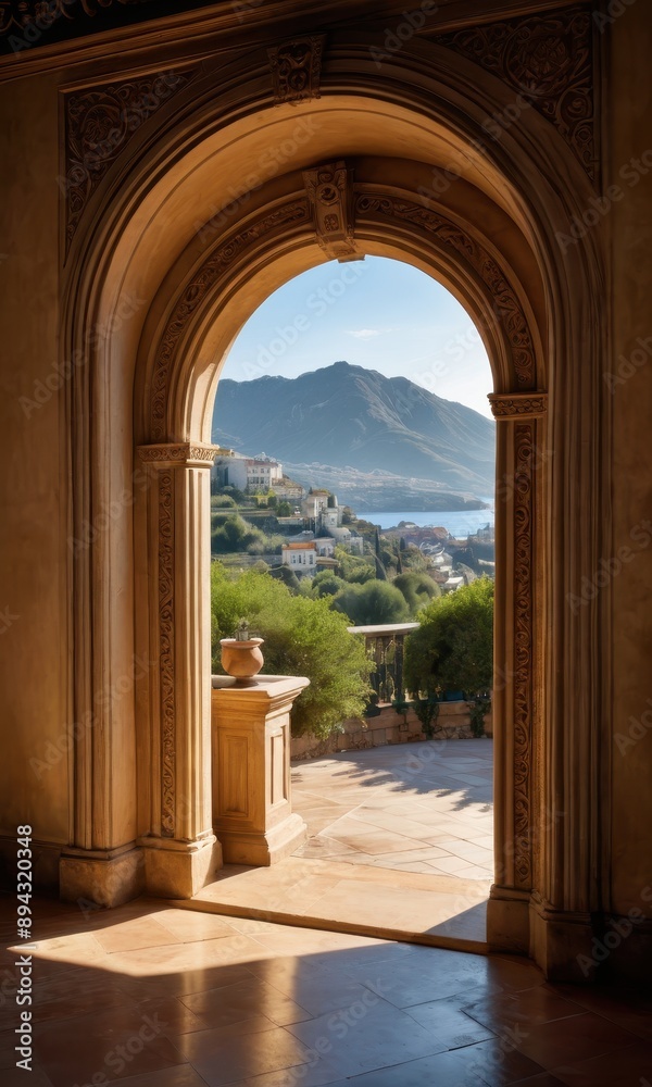 Ornate Archway Leading to Mountain View. Ornate Archway Leading to Mountain View.