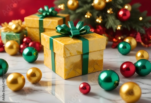 Yellow christmas gift featuring a glittery texture, displayed on a marble countertop, alongside red and green holiday decor