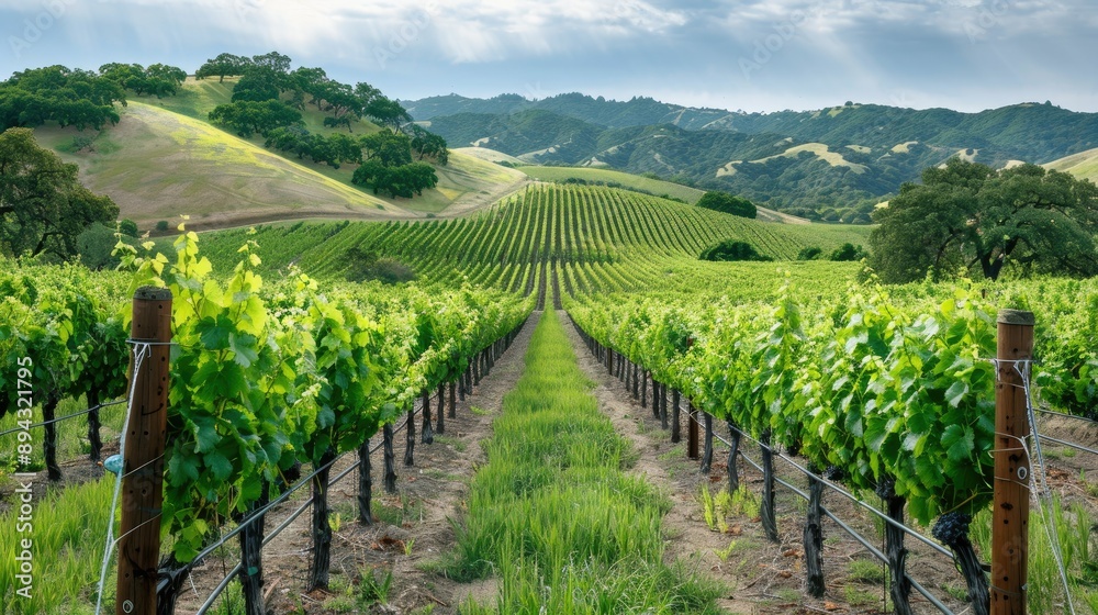 Rows of grapevines in a vineyard, with rolling hills in the background Rows of grapevines in a vineyard, with rolling hills in the background