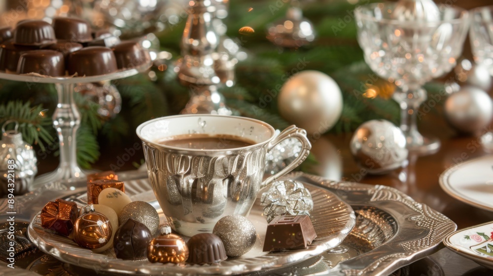 The New Year's festive table is decorated with shiny Christmas tree decorations, a lot of chocolates and gifts, aromatic coffee in a beautiful cup The New Year's festive table is decorated with shiny Christmas tree decorations, a lot of chocolates and gifts, aromatic coffee in a beautiful cup