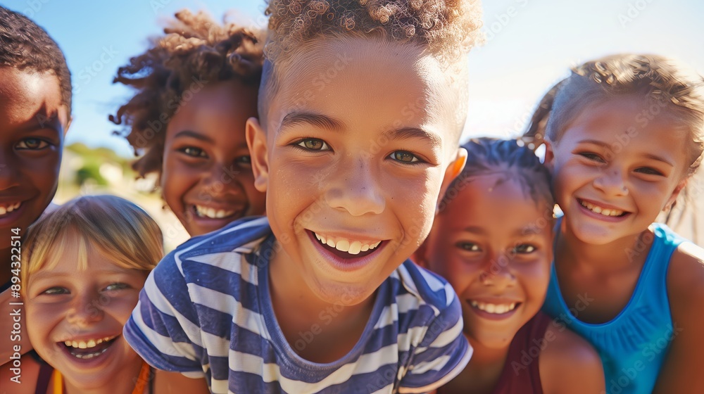 A diverse group of kids joyfully plays together at summer camp, bonding through laughter and teamwork. A diverse group of kids joyfully plays together at summer camp, bonding through laughter and teamwork.
