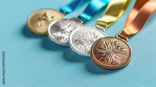 Set of Olympic medals against a bright blue backdrop