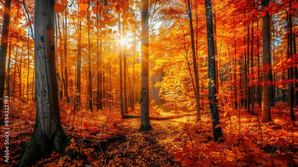 Fototapeta premium Stunning autumn landscape in the woods, with bright foliage and dappled sunlight