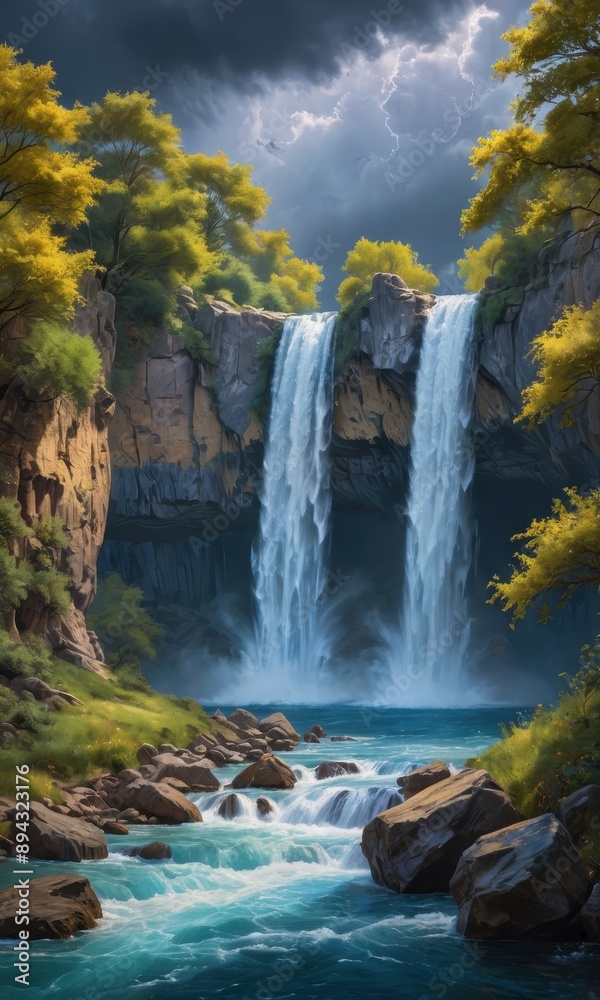Fototapeta premium Majestic Waterfall in a Lush Forest.