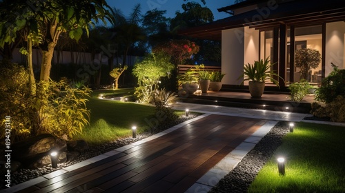 Modern gardening landscaping design details. Illuminated pathway in front of residential house. Landscape garden with ambient lighting system installation highlighting flowers plants