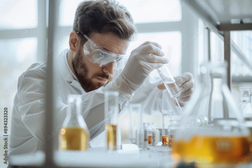 Focused male scientist analyzing test tube in lab Focused male scientist analyzing test tube in lab