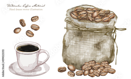 コーヒーの素材（コーヒー豆とブラックコーヒーのイラスト）