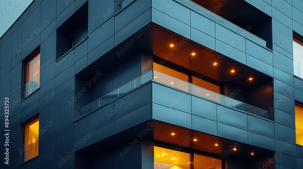 Modern building facade at dusk. Close-up of architectural design with sleek lines and illuminated windows. Contemporary urban architecture, exterior lighting, and geometric shapes.