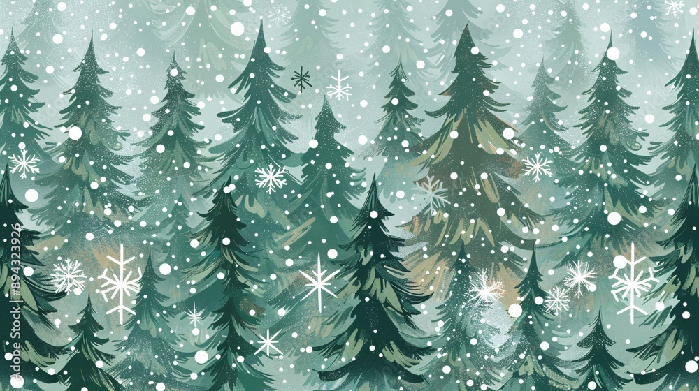 Obraz premium Seamless green winter forest with snowflakes